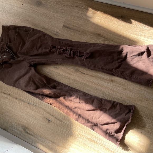 Brown Distressed Flare Jeans - Picture 1 of 4